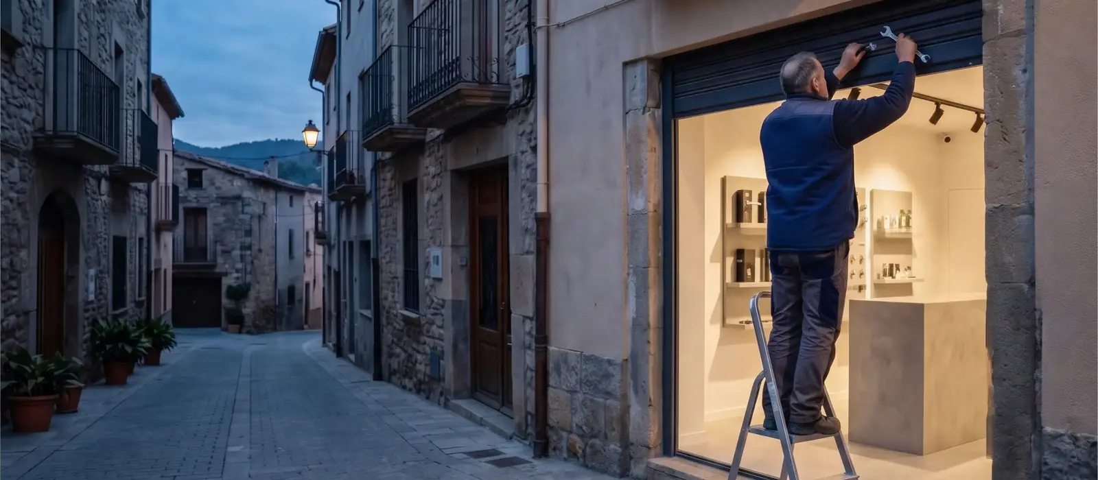 Cerrajero reparando la persiana metálica de un comercio en Sant Andreu de la Barca